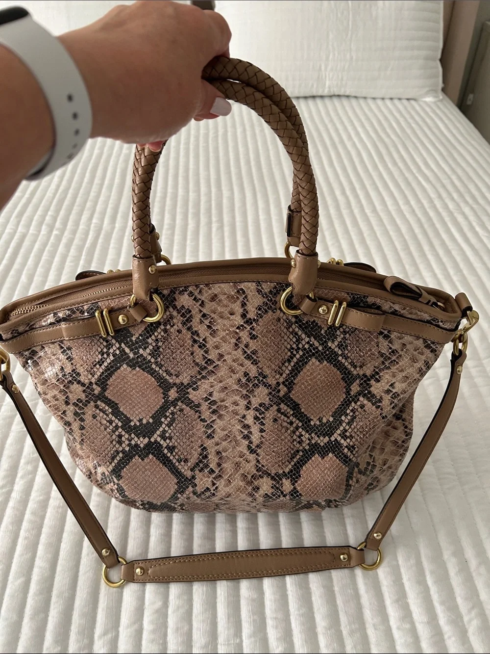 Coach Pink Snake-Print Satchel with Tan Trim - Picture 2 of 12